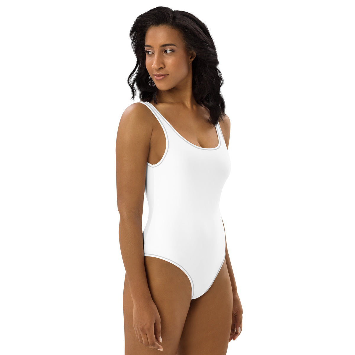 Model is wearing right front facing adult graphic one-piece swimsuit in color white with black stitch trim, from What Was Said (Statement Apparel + More).