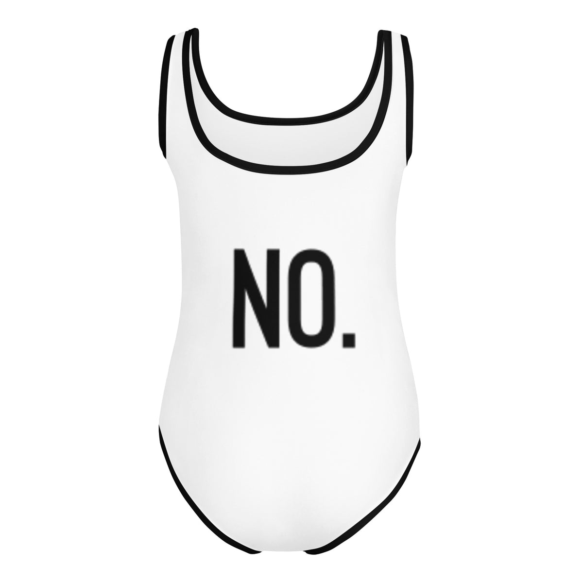 Back facing kids graphic one-piece swimsuit in color white with black trim, featuring the statement 'NO.' in bold black print. From What Was Said (Statement Apparel + More).