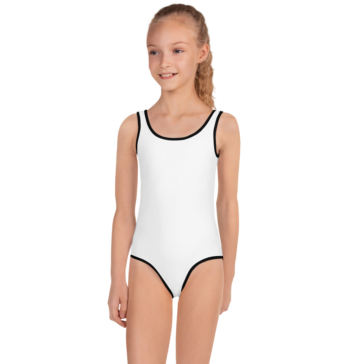 Model is wearing front facing kids graphic one-piece swimsuit in color white with black trim, from What Was Said (Statement Apparel + More).
