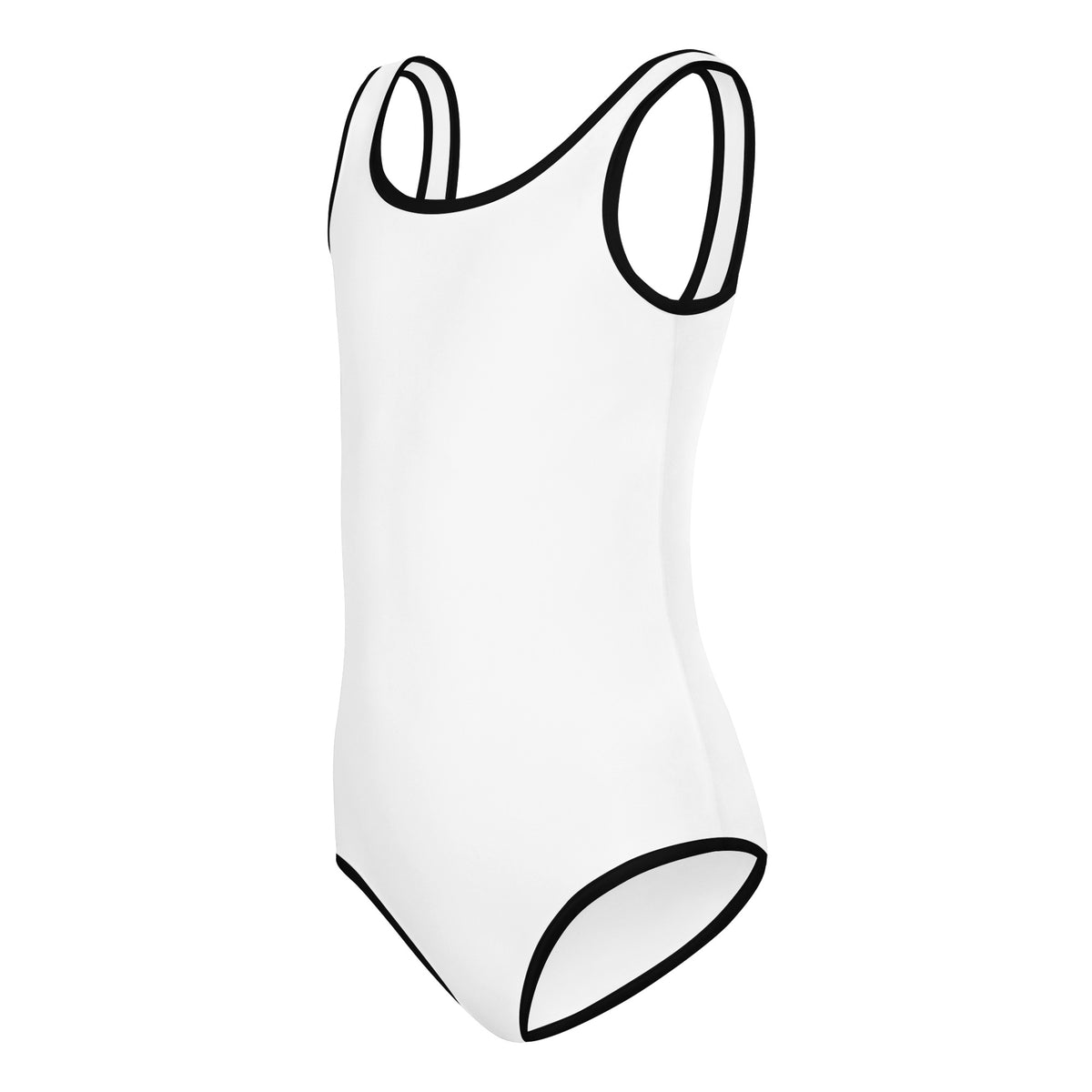 Left front facing kids graphic one-piece swimsuit in color white with black trim, from What Was Said (Statement Apparel + More).
