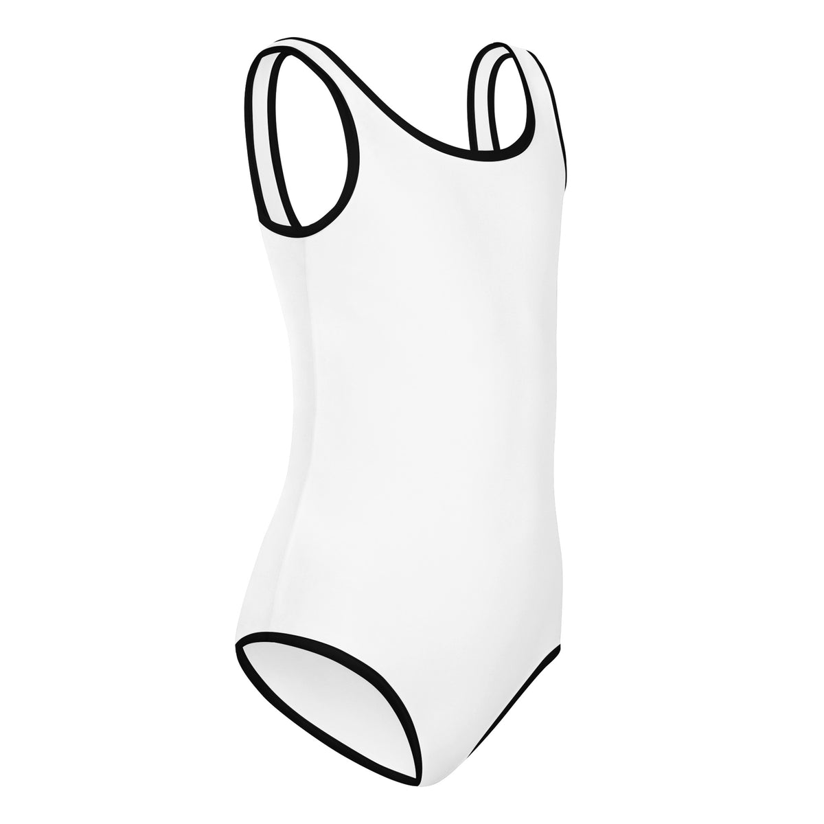 Right front facing kids graphic one-piece swimsuit in color white with black trim, from What Was Said (Statement Apparel + More).