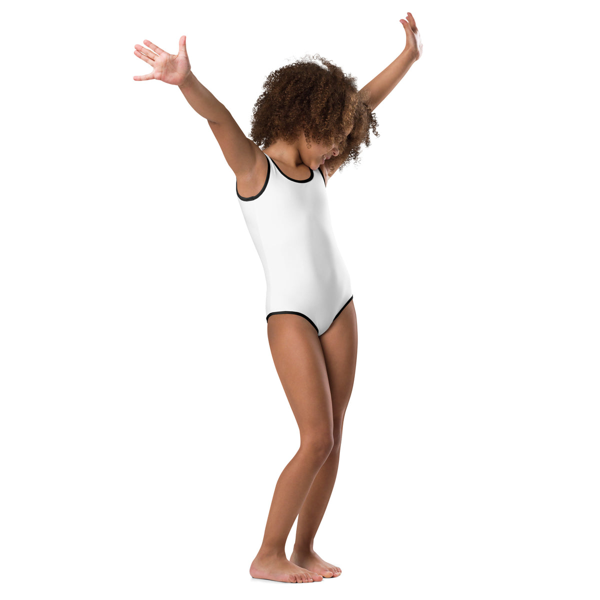 Model is wearing front facing kids graphic one-piece swimsuit in color white with black trim, from What Was Said (Statement Apparel + More).
