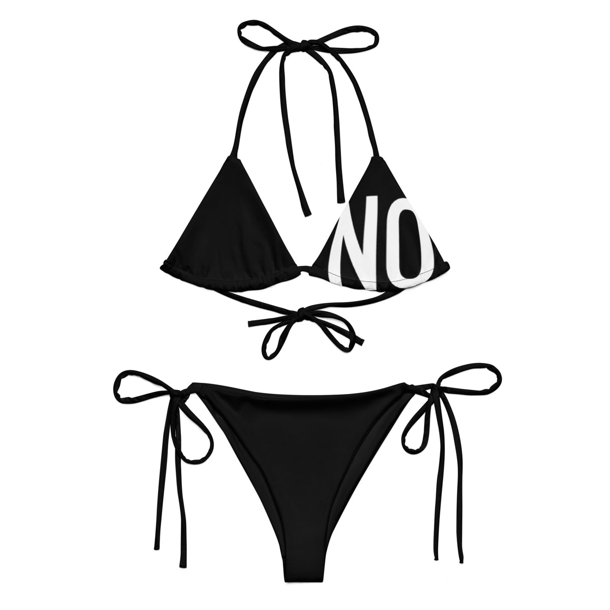 Front facing graphic string bikini swimsuit in color black, featuring the statement 'NO.' in bold white print on the breast cup of the bikini front top. From What Was Said (Statement Apparel + More).