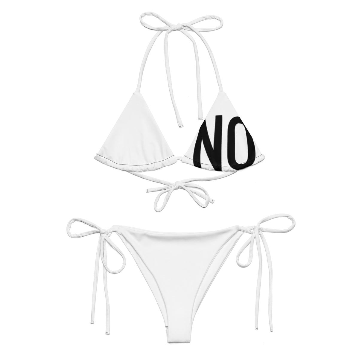 Front facing graphic string bikini swimsuit in color white, featuring the statement 'NO.' in bold white print on the breast cup of the bikini front top. From What Was Said (Statement Apparel + More).