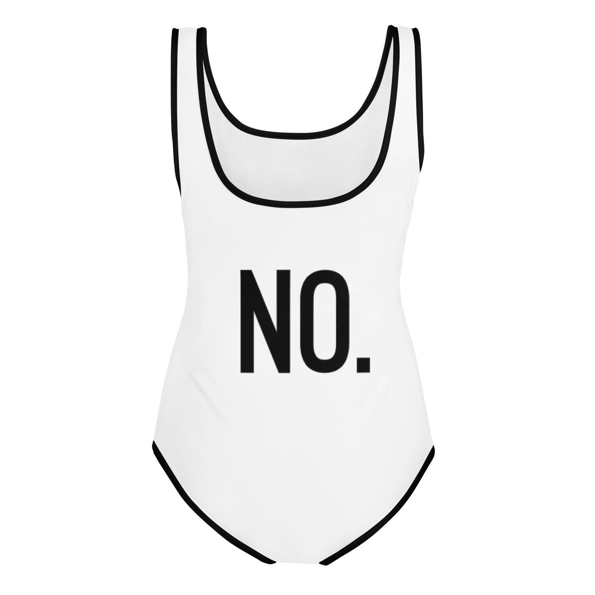 Back facing graphic youth one-piece swimsuit in color white with black trim, featuring the statement 'NO.' in bold black print. From What Was Said (Statement Apparel + More).