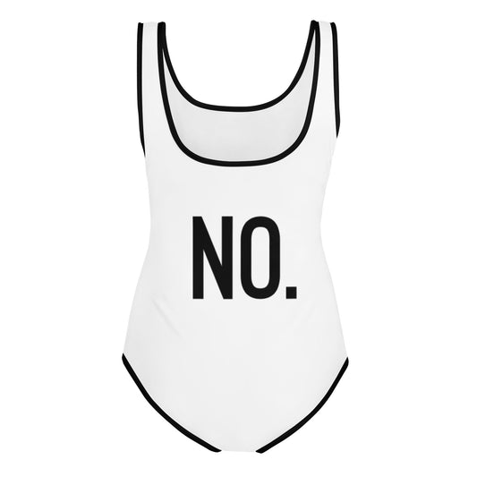 Back facing graphic youth one-piece swimsuit in color white with black trim, featuring the statement 'NO.' in bold black print. From What Was Said (Statement Apparel + More).