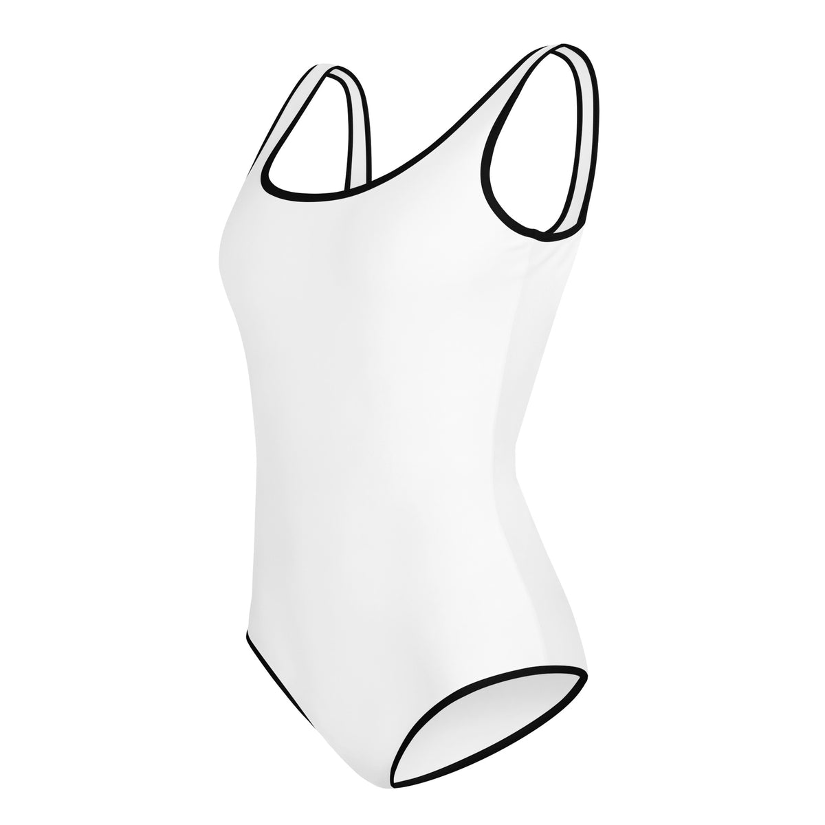 Left side facing graphic youth one-piece swimsuit in color white with black trim, from What Was Said (Statement Apparel + More).