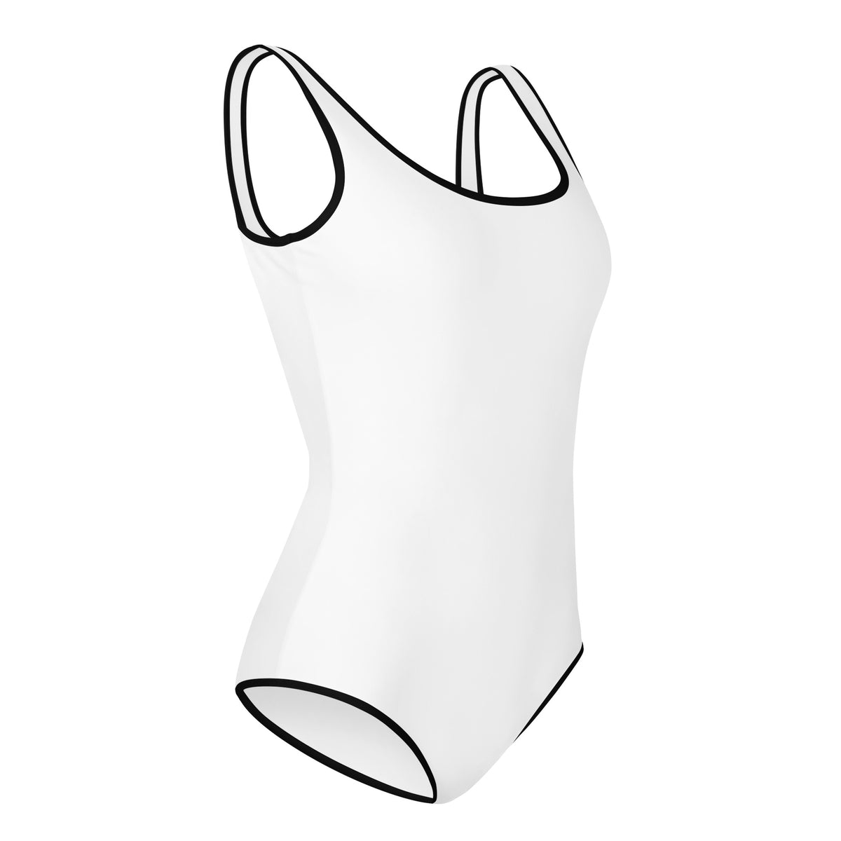 Right side facing graphic youth one-piece swimsuit in color white with black trim, from What Was Said (Statement Apparel + More).