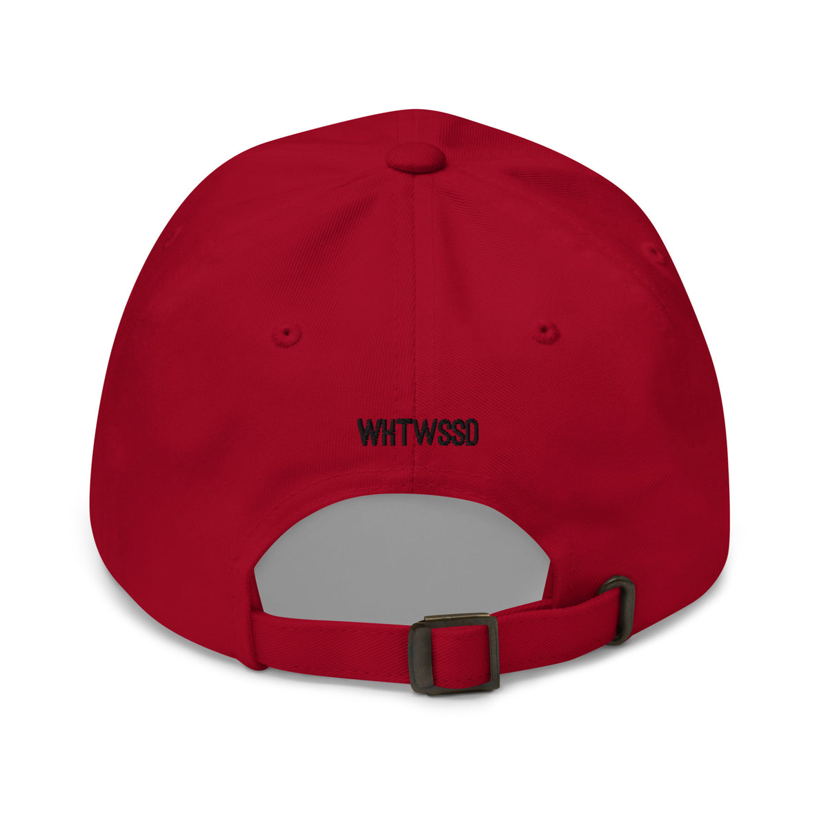Product details on back facing vintage graphic dad hat in color cranberry red, featuring close up view of hats metal snap buckle closure and brand acronym WHTWSSD in black embroidery. From What Was Said (Statement Apparel + More).