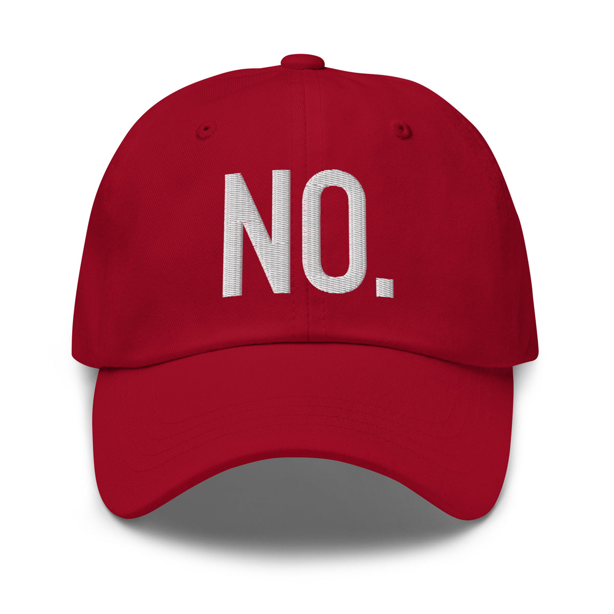 Front facing graphic dad hat in color cranberry red, featuring the statement 'NO.' in bold white embroidery. From What Was Said (Statement Apparel + More).