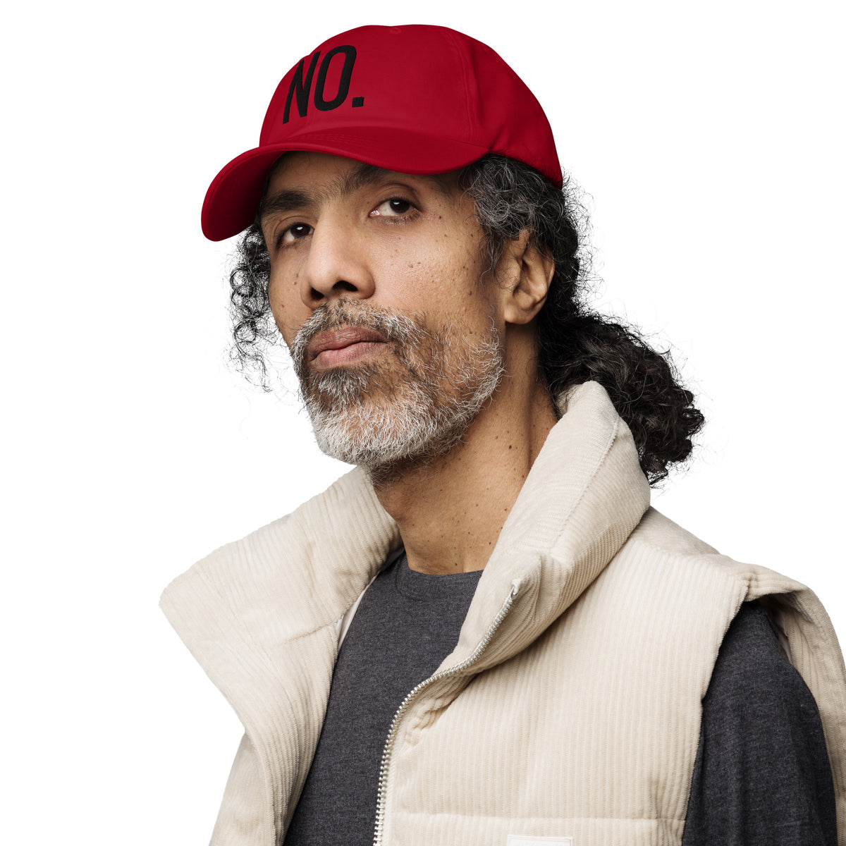 Model is wearing left front facing graphic dad hat in color cranberry red, featuring the statement 'NO.' in bold black embroidery. From What Was Said (Statement Apparel + More).