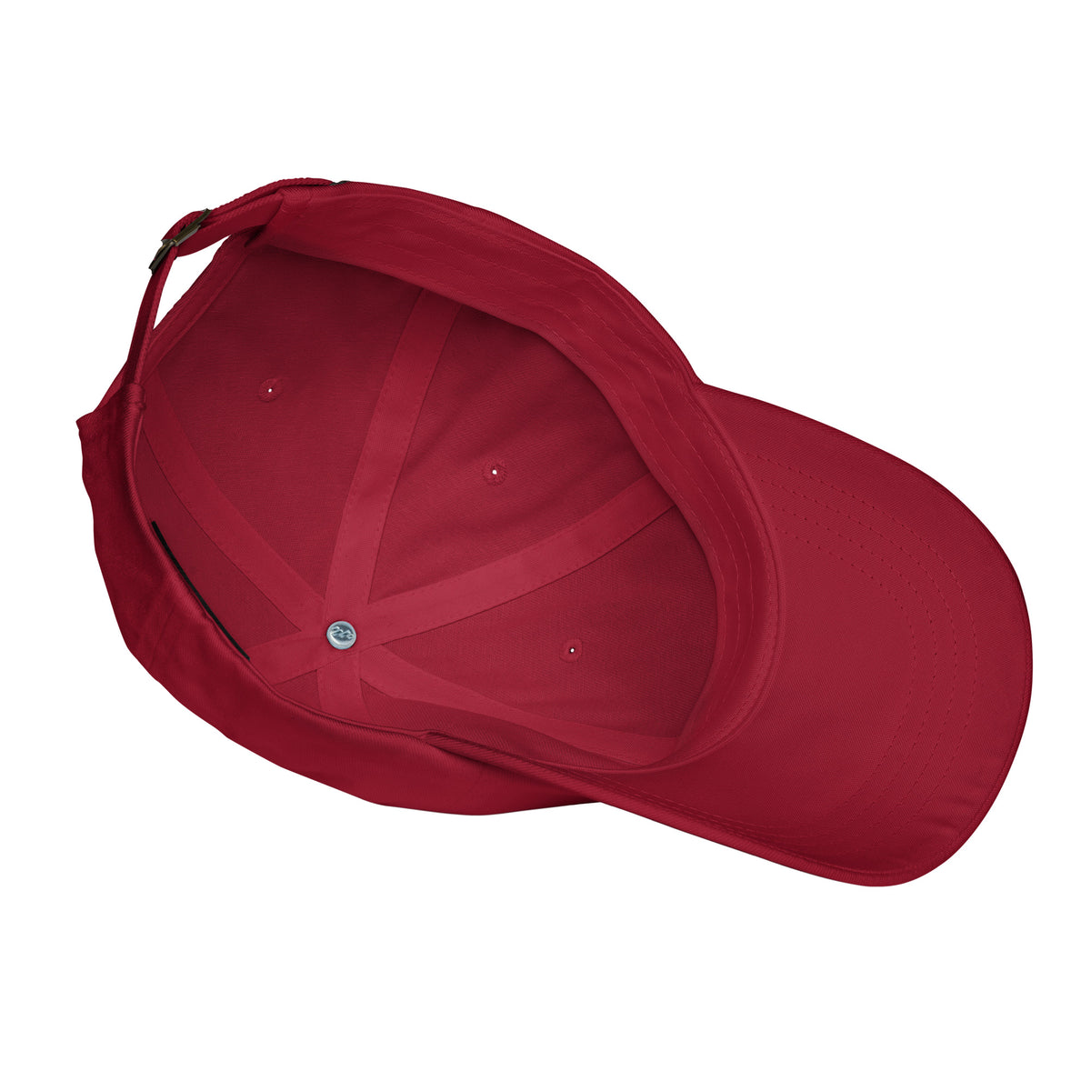 Product details of the underside facing of a graphic dad hat in color cranberry red. Featuring the underside view of the hat. From What Was Said (Statement Apparel + More).