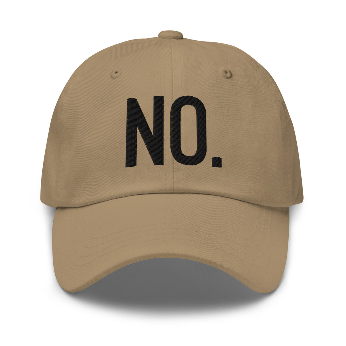 Model is wearing front facing graphic dad hat in color khaki, featuring the statement 'NO.' in bold black embroidery. From What Was Said (Statement Apparel + More).