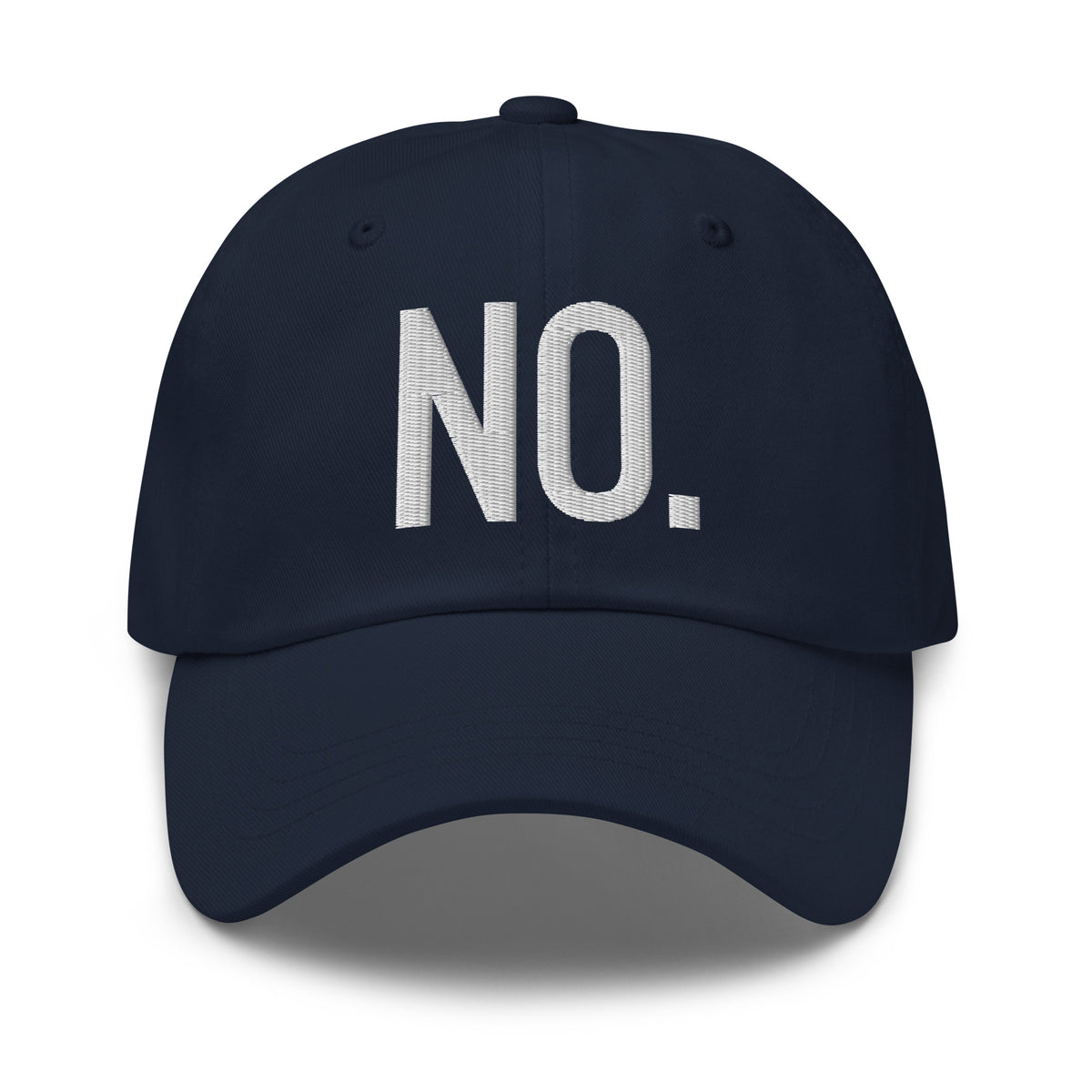 Front facing graphic dad hat in color navy blue, featuring the statement 'NO.' in bold white embroidery. From What Was Said (Statement Apparel + More).