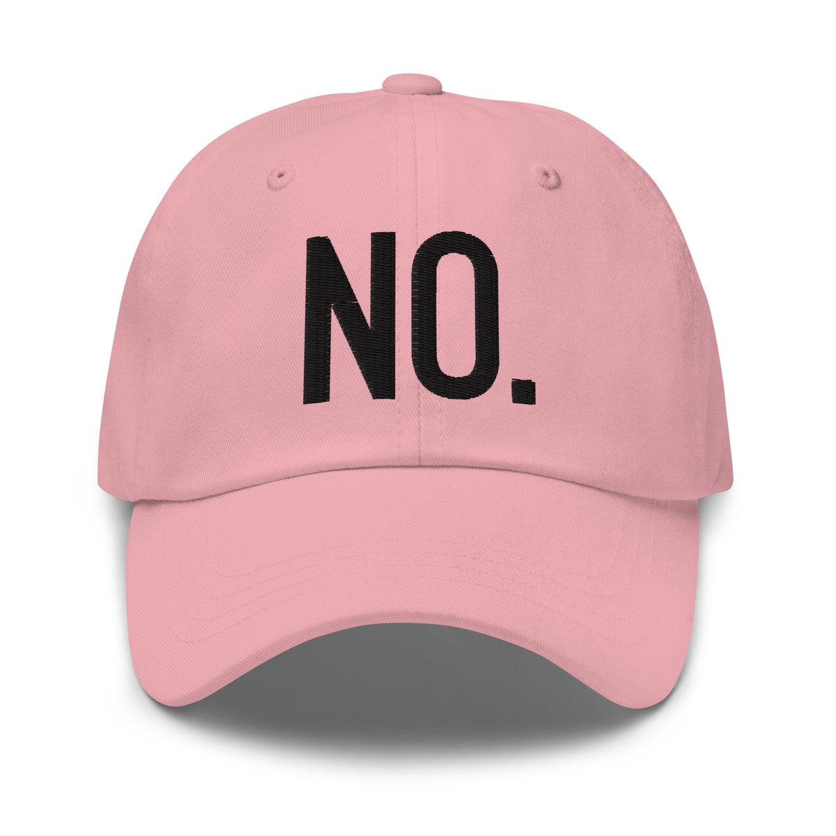 Model is wearing front facing graphic dad hat in color light pink, featuring the statement 'NO.' in bold black embroidery. From What Was Said (Statement Apparel + More).