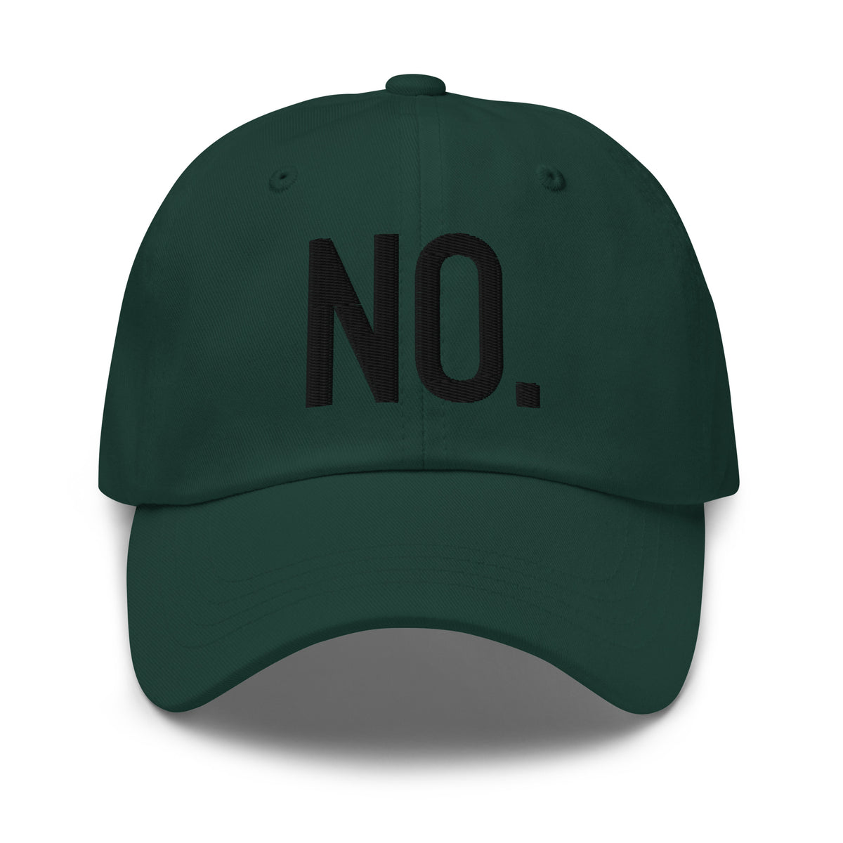 Model is wearing front facing graphic dad hat in color spruce green, featuring the statement 'NO.' in bold black embroidery. From What Was Said (Statement Apparel + More).