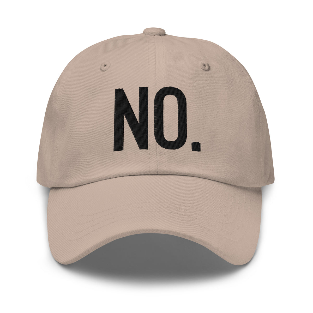 Model is wearing front facing graphic dad hat in color stone greyish beige, featuring the statement 'NO.' in bold black embroidery. From What Was Said (Statement Apparel + More).