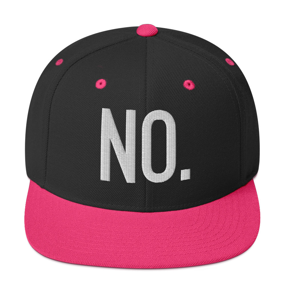 Front facing graphic snapback hat in color black and neon pink, featuring the statement 'NO.' in bold white embroidery. From What Was Said (Statement Apparel + More).