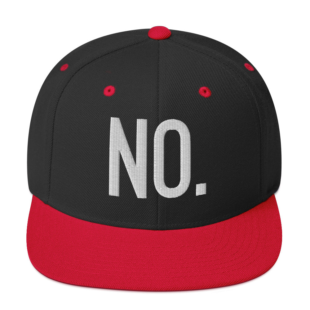 Front facing graphic snapback hat in color black and red, featuring the statement 'NO.' in bold white embroidery. From What Was Said (Statement Apparel + More).