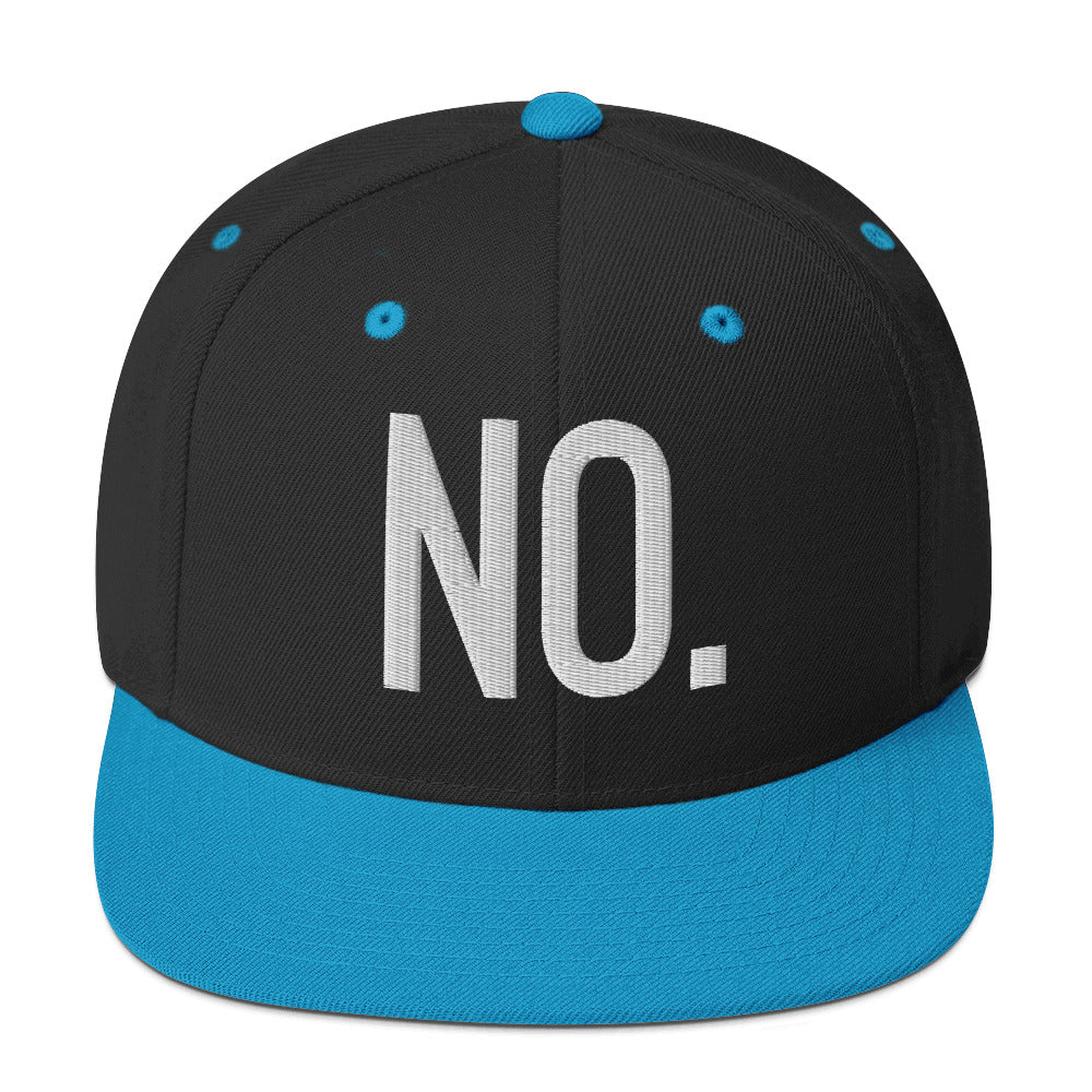 Front facing graphic snapback hat in color black and teal, featuring the statement 'NO.' in bold white embroidery. From What Was Said (Statement Apparel + More).