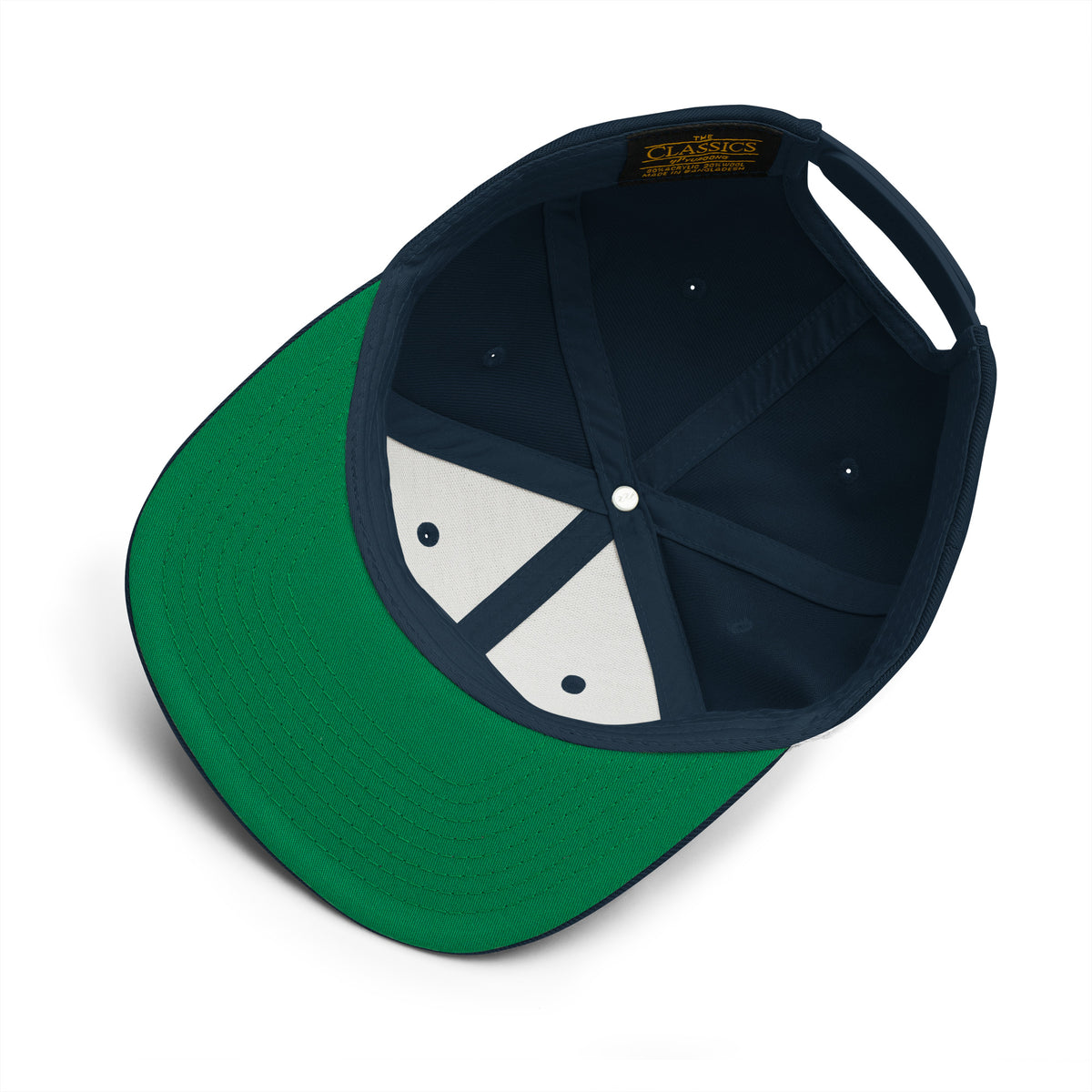 Product details of the underside of graphic snapback hat in color dark navy blue, featuring the underside view of the hat and the hats green underside brim. From What Was Said (Statement Apparel + More).