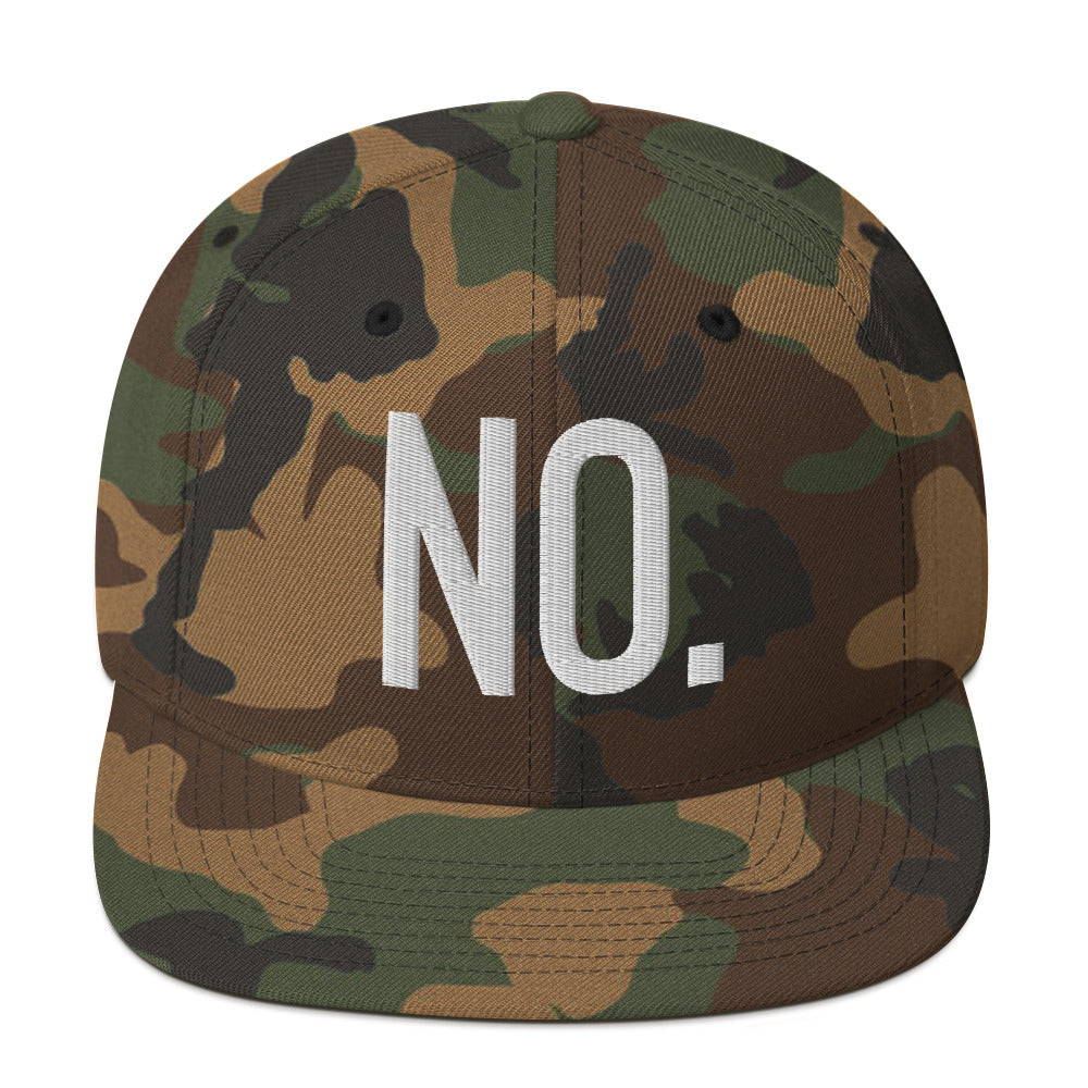 Front facing graphic snapback hat in color green camo, featuring the statement 'NO.' in bold white embroidery. From What Was Said (Statement Apparel + More).