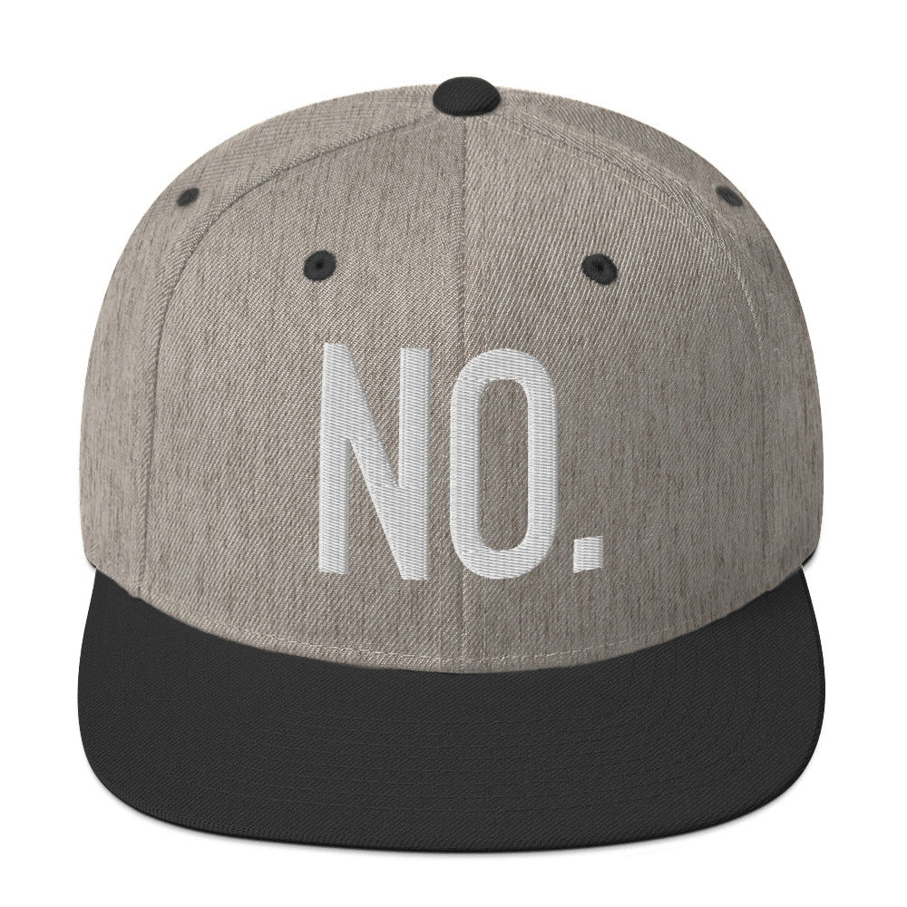 Front facing graphic snapback hat in color heather grey and black, featuring the statement 'NO.' in bold white embroidery. From What Was Said (Statement Apparel + More).