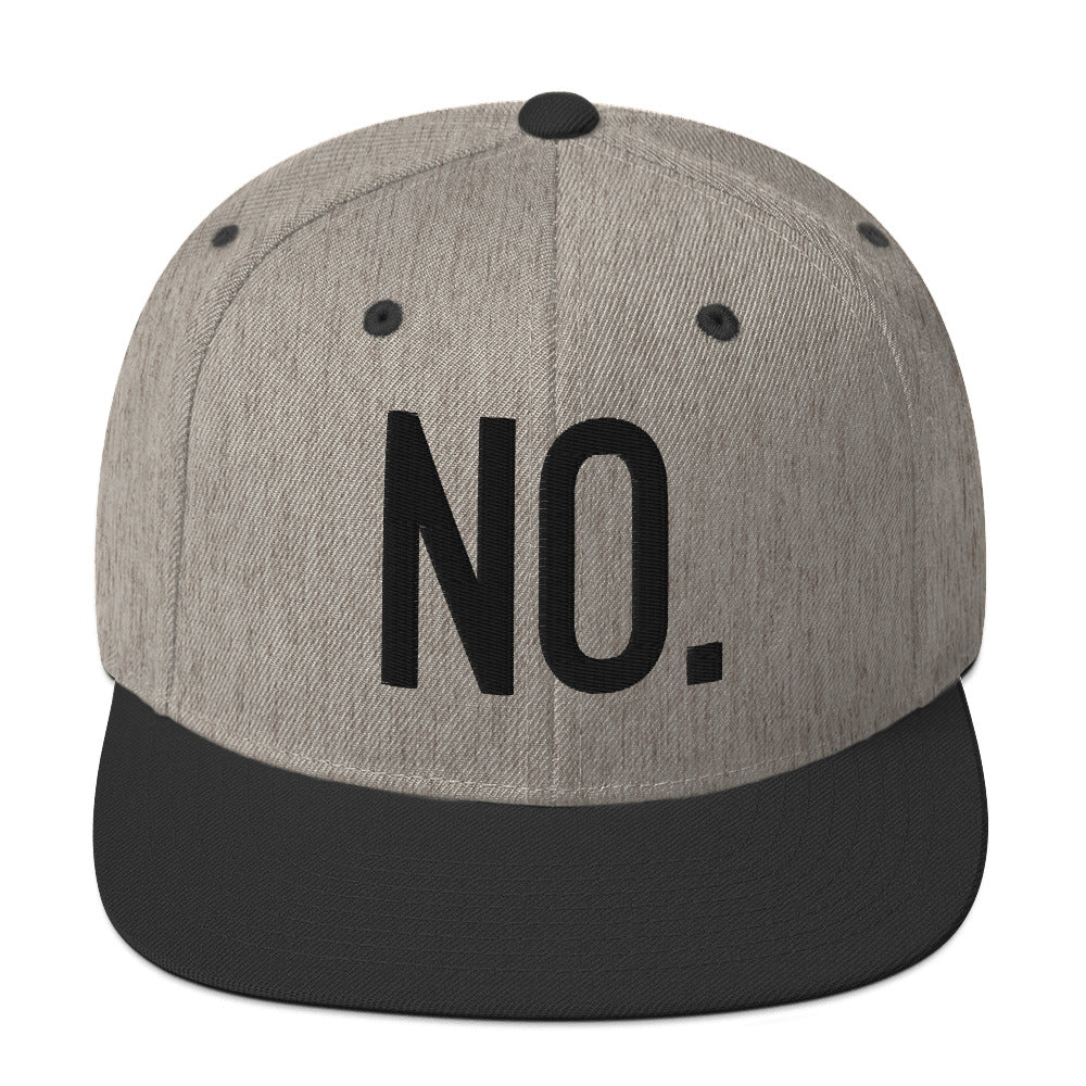 Front facing graphic snapback hat in color heather grey and black, featuring the statement 'NO.' in bold black embroidery. From What Was Said (Statement Apparel + More).