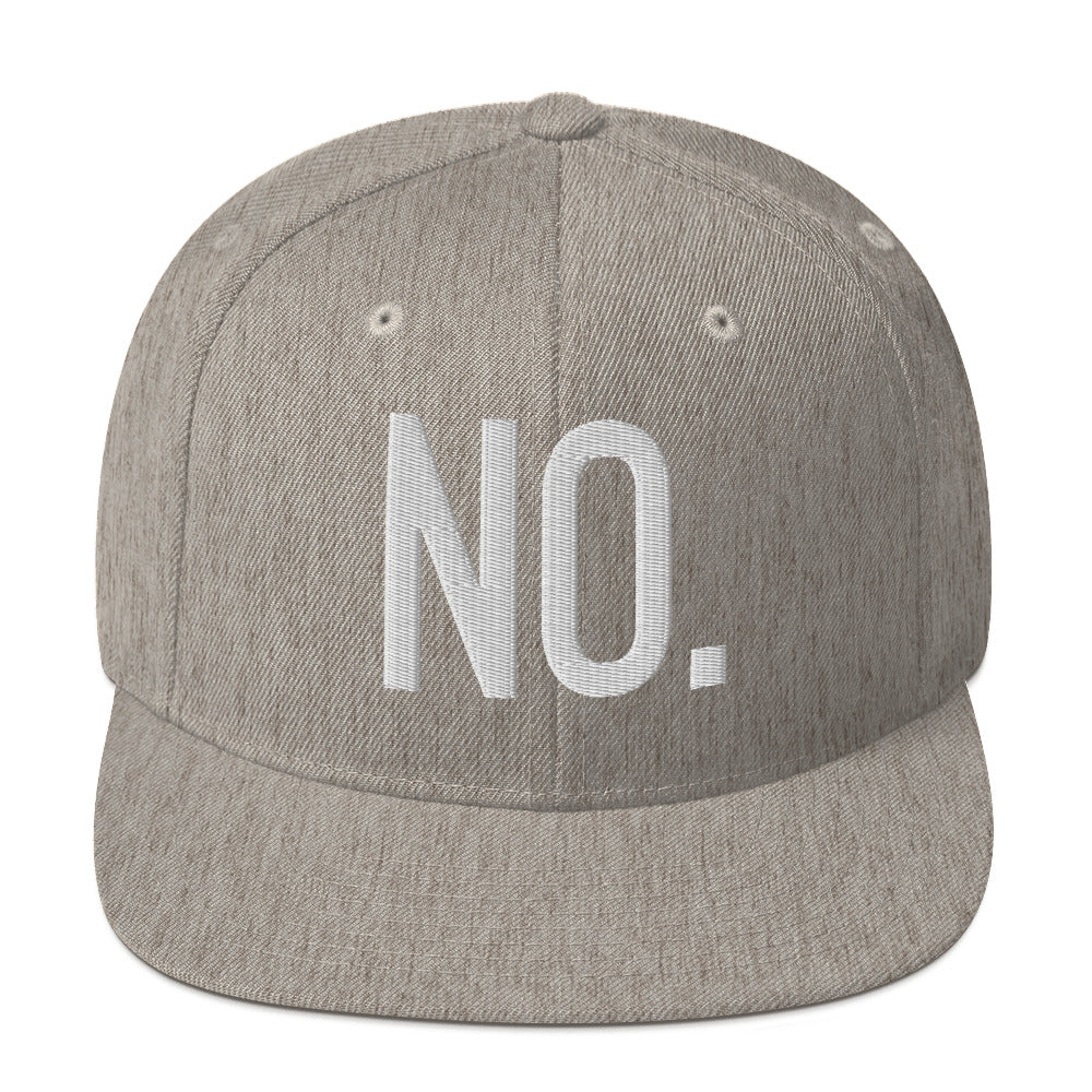 Front facing graphic snapback hat in color heather grey, featuring the statement 'NO.' in bold white embroidery. From What Was Said (Statement Apparel + More).