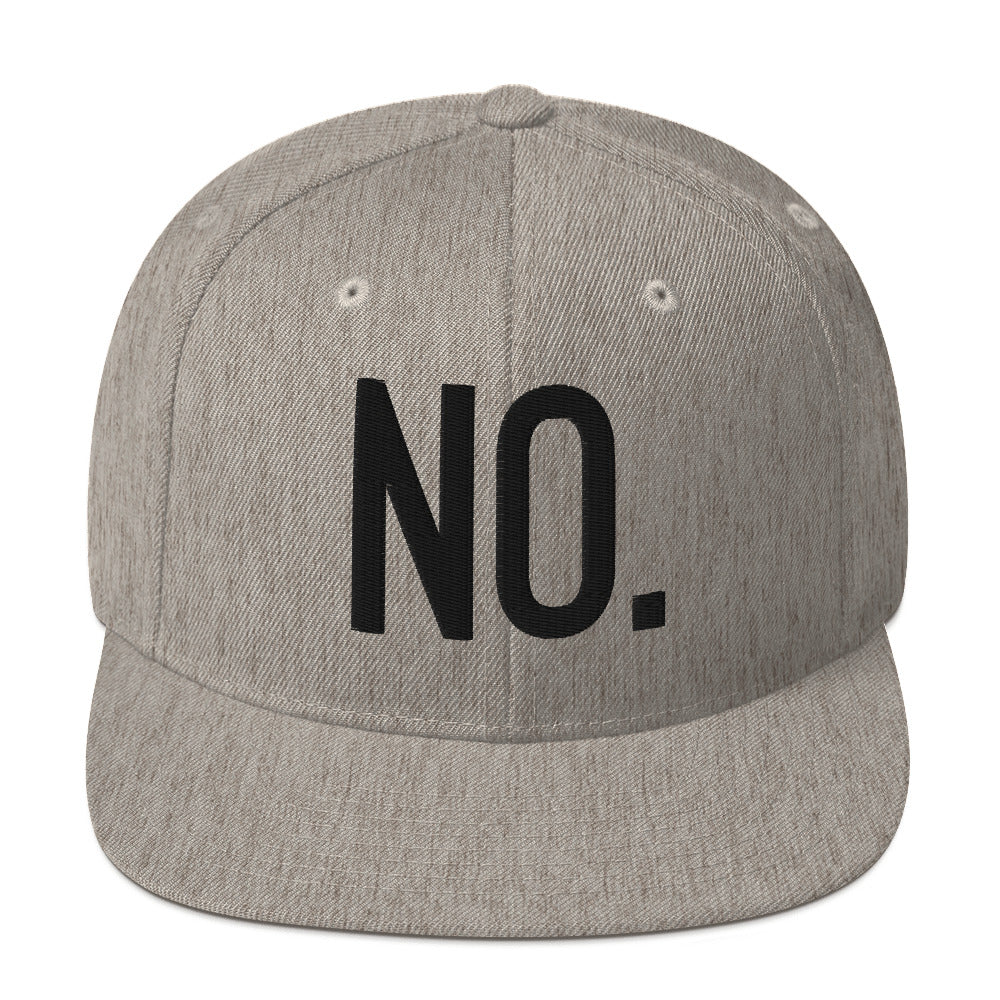 Front facing graphic snapback hat in color heather grey, featuring the statement 'NO.' in bold black embroidery. From What Was Said (Statement Apparel + More).