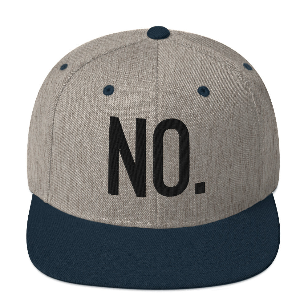 Front facing graphic snapback hat in color heather grey and navy, featuring the statement 'NO.' in bold black embroidery. From What Was Said (Statement Apparel + More).
