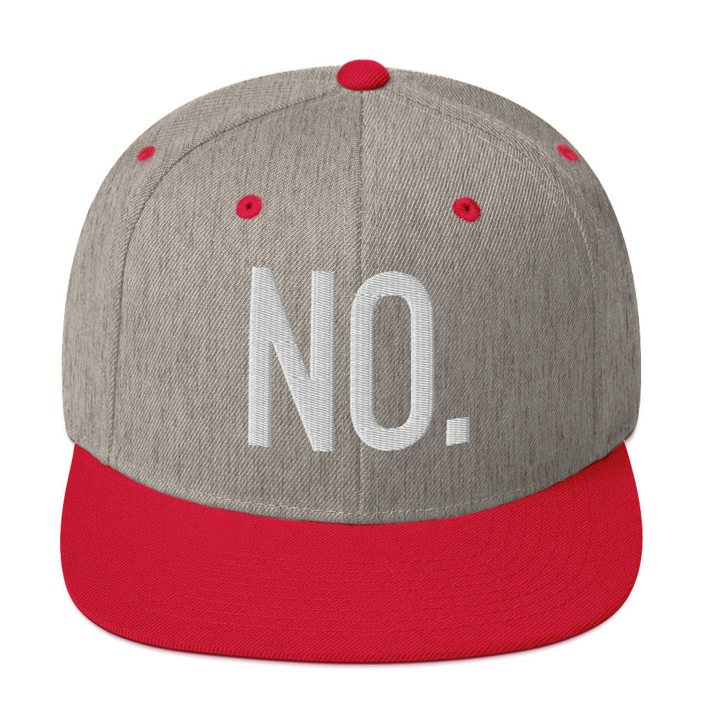 Front facing graphic snapback hat in color heather grey and red, featuring the statement 'NO.' in bold white embroidery. From What Was Said (Statement Apparel + More).