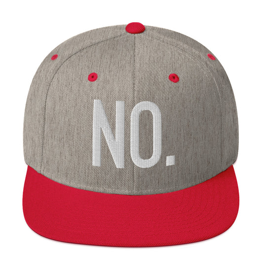 Front facing graphic snapback hat in color heather grey and red, featuring the statement 'NO.' in bold white embroidery. From What Was Said (Statement Apparel + More).