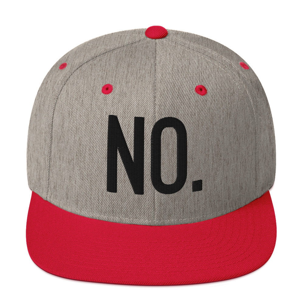 Front facing graphic snapback hat in color heather grey and red, featuring the statement 'NO.' in bold black embroidery. From What Was Said (Statement Apparel + More).