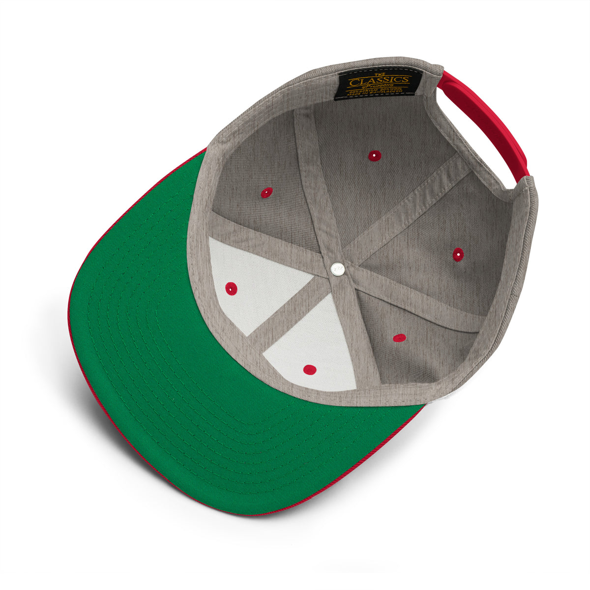 Product details of the underside of graphic snapback hat in color heather grey and red. Featuring the underside view of the hat and the hats green underside brim. From What Was Said (Statement Apparel + More).