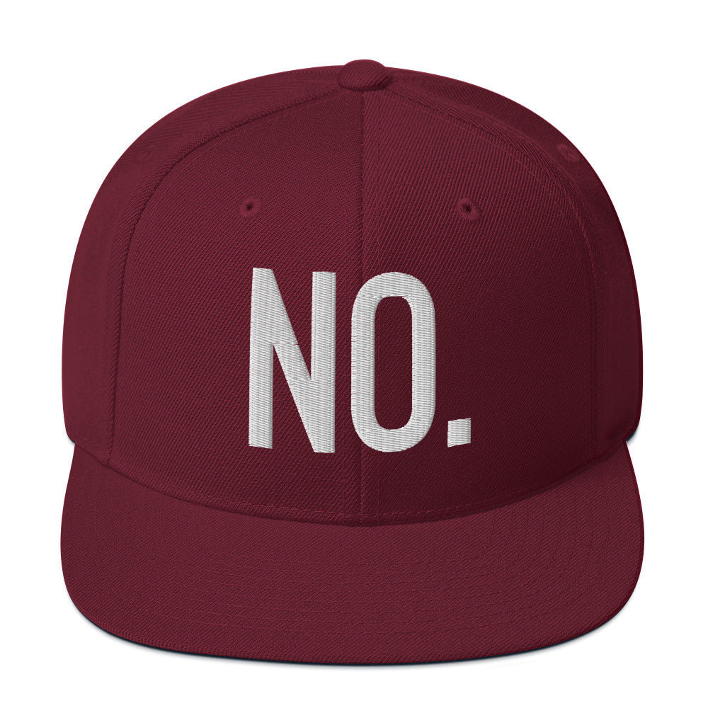 Front facing graphic snapback hat in color maroon red, featuring the statement 'NO.' in bold white embroidery. From What Was Said (Statement Apparel + More).