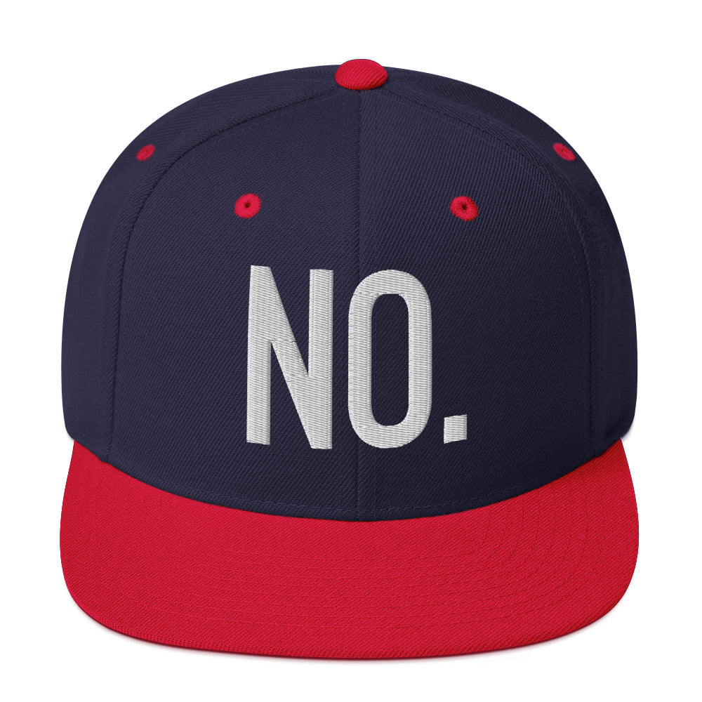 Front facing graphic snapback hat in color navy blue and red, featuring the statement 'NO.' in bold white embroidery. From What Was Said (Statement Apparel + More).