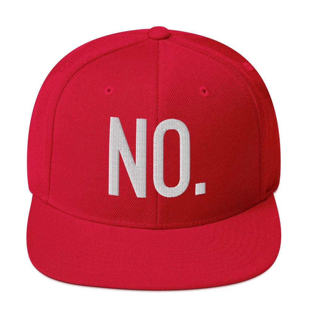 Front facing graphic snapback hat in color red, featuring the statement 'NO.' in bold white embroidery. From What Was Said (Statement Apparel + More).