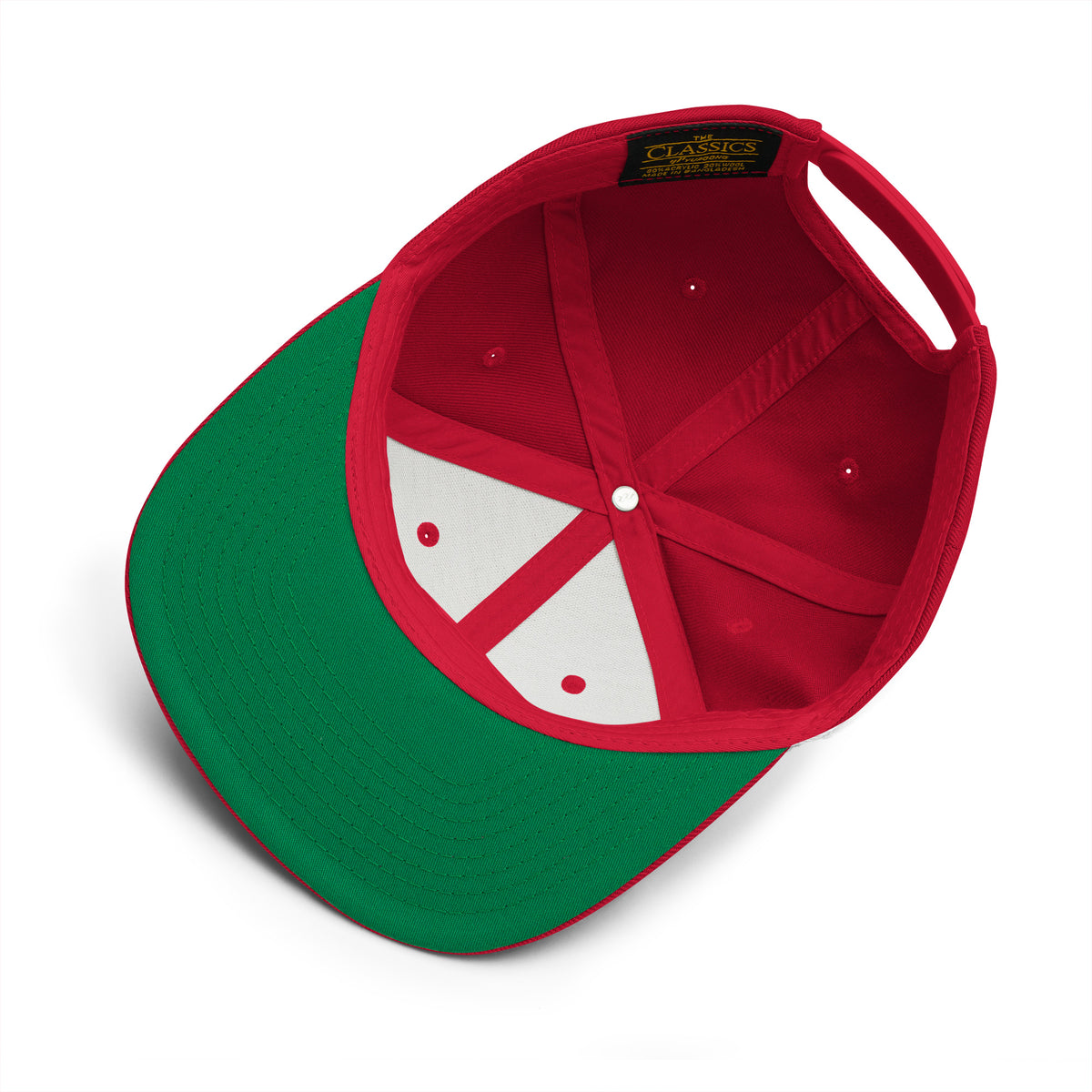 Product details of the underside of a graphic snapback hat in color red. Featuring the underside view of the hat and the hats green underside brim. From What Was Said (Statement Apparel + More).