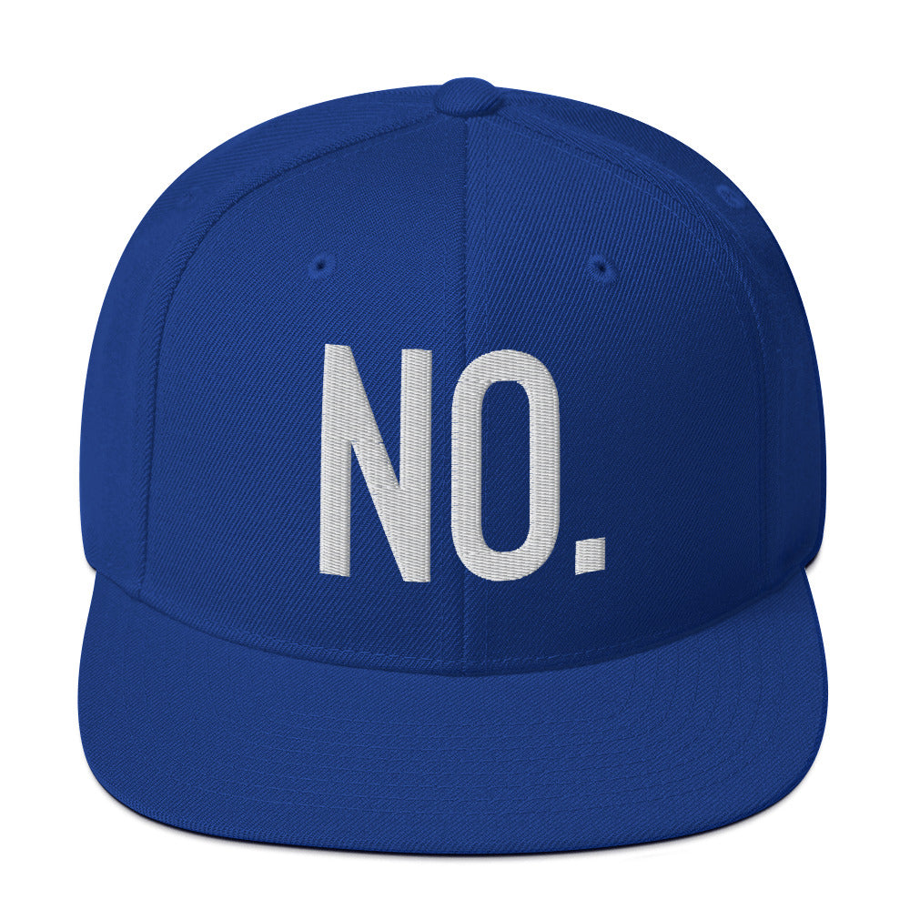 Front facing graphic snapback hat in color royal blue, featuring the statement 'NO.' in bold white embroidery. From What Was Said (Statement Apparel + More).