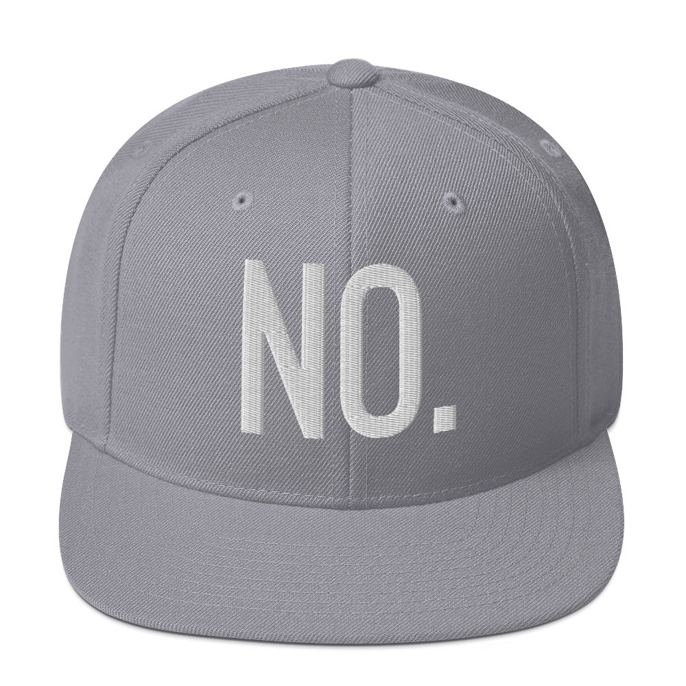 Front facing graphic snapback hat in color silver light grey, featuring the statement 'NO.' in bold white embroidery. From What Was Said (Statement Apparel + More).