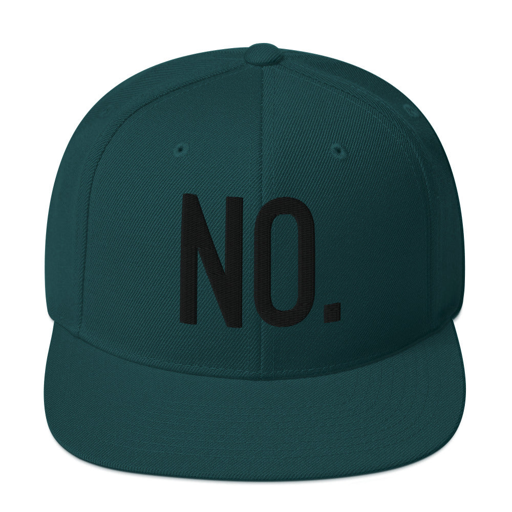 Front facing graphic snapback hat in color spruce green, featuring the statement 'NO.' in bold black embroidery. From What Was Said (Statement Apparel + More).