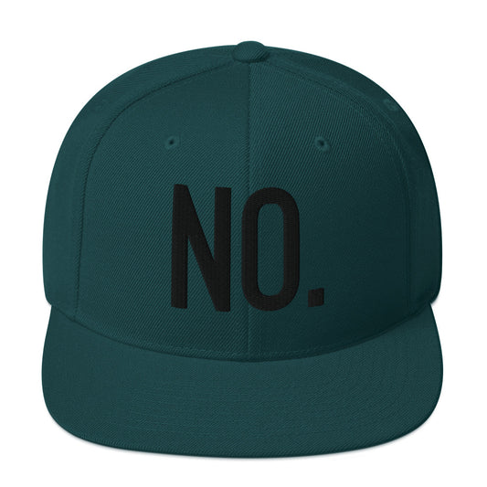 Front facing graphic snapback hat in color spruce green, featuring the statement 'NO.' in bold black embroidery. From What Was Said (Statement Apparel + More).