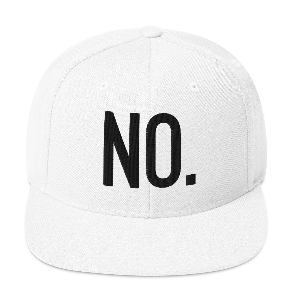 Front facing graphic snapback hat in color white, featuring the statement 'NO.' in bold black embroidery. From What Was Said (Statement Apparel + More).