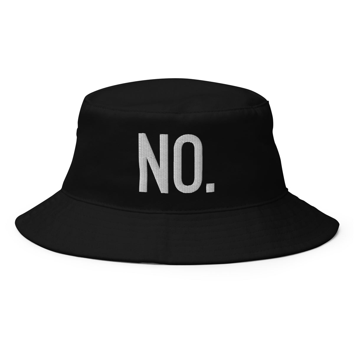 Front facing graphic bucket hat in color black, featuring the statement 'NO.' in bold white embroidery. From What Was Said (Statement Apparel + More).