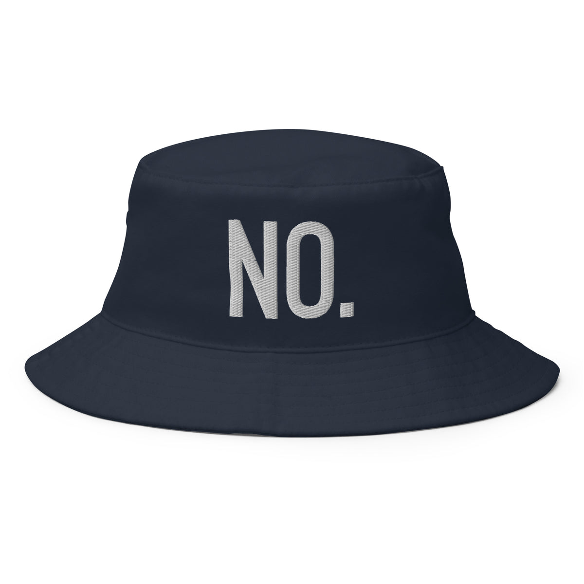 Front facing graphic bucket hat in color navy blue, featuring the statement 'NO.' in bold white embroidery. From What Was Said (Statement Apparel + More).