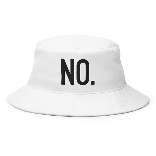 Front facing graphic bucket hat in color white, featuring the statement 'NO.' in bold black embroidery. From What Was Said (Statement Apparel + More).