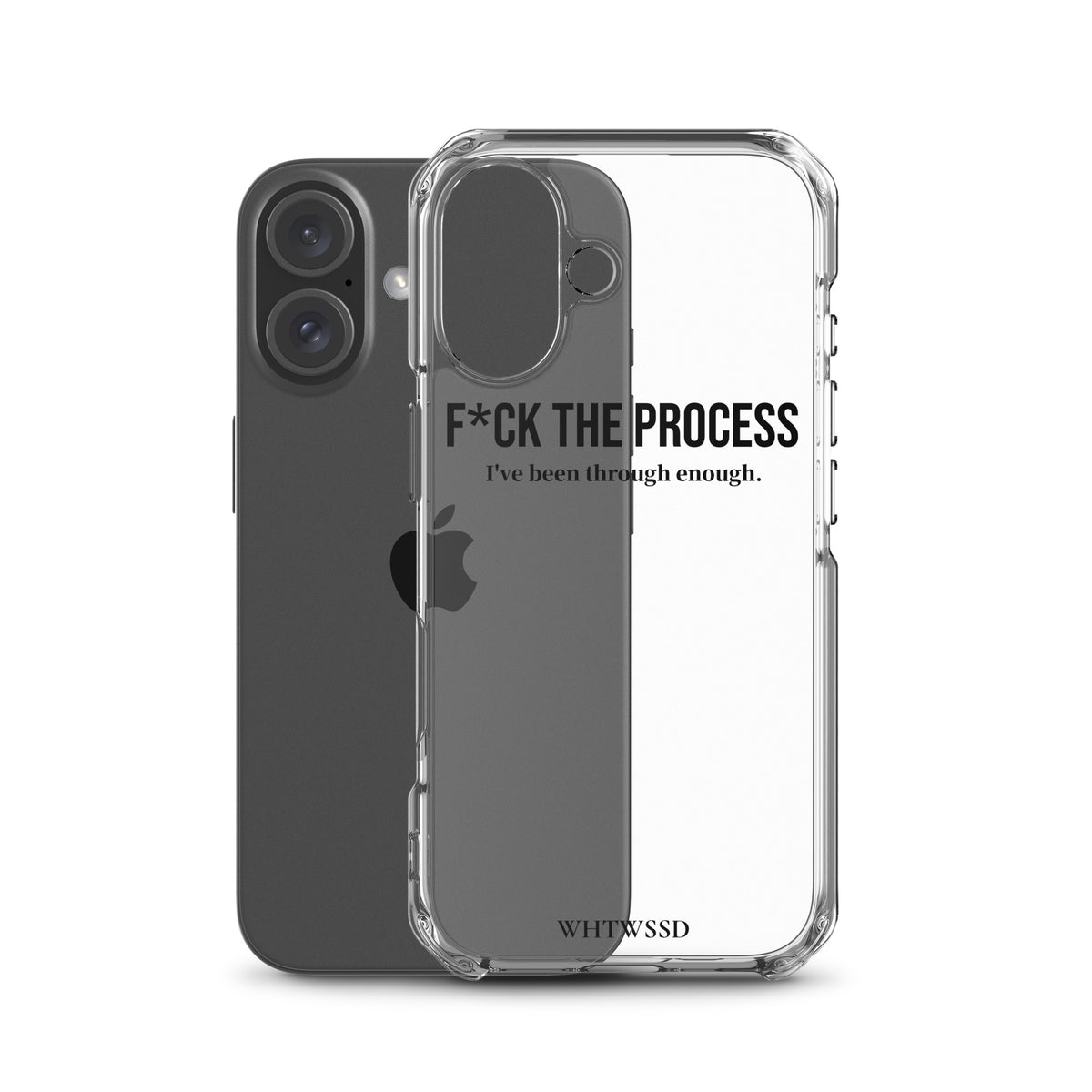 Front facing graphic iPhone 16 clear case with iPhone, against white background. Featuring the statement 'F*CK THE PROCESS, I've been through enough,' in bold black print on the phone case. From What Was Said (Statement Apparel + More). 