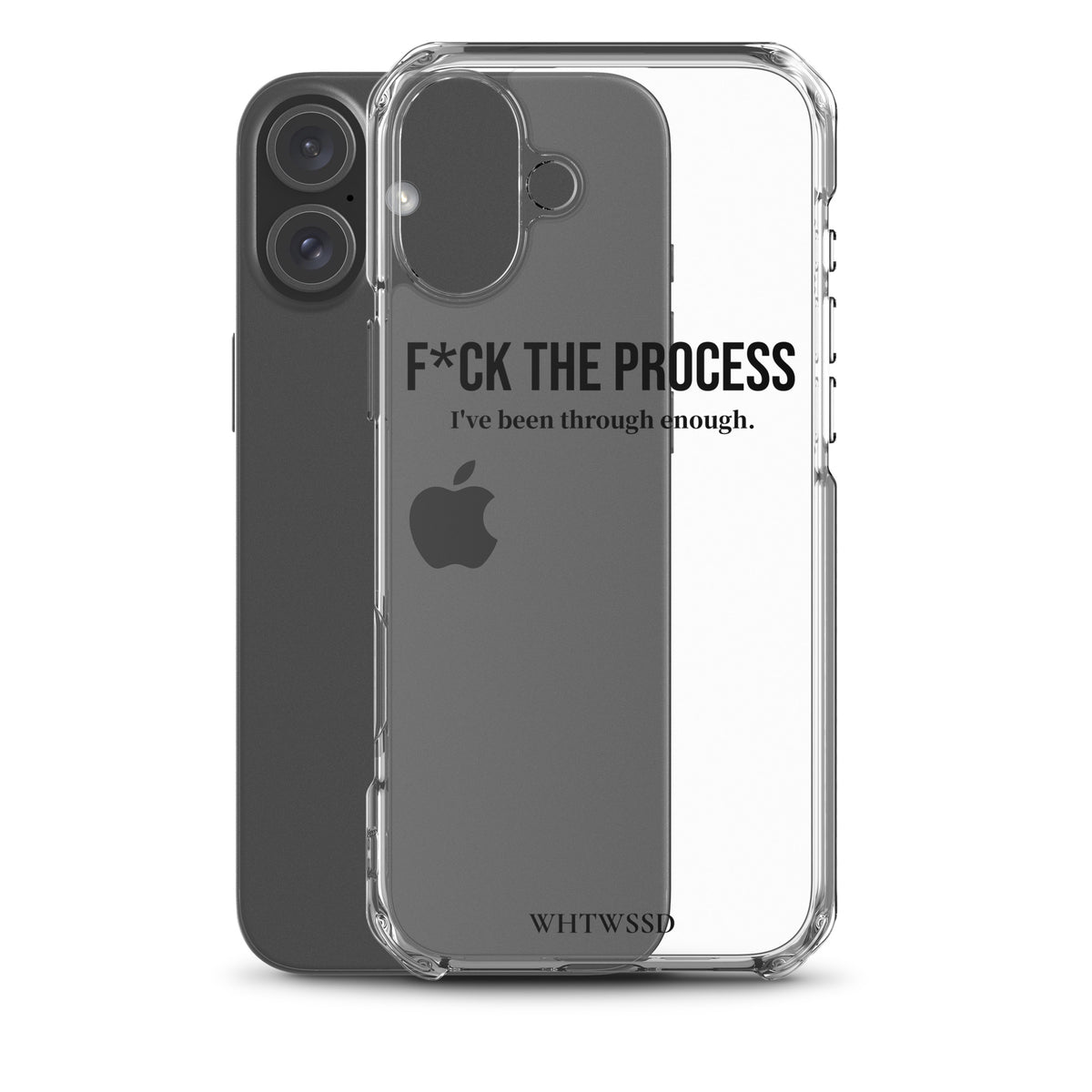 Front facing graphic iPhone 16 Plus clear case with iPhone, against white background. Featuring the statement 'F*CK THE PROCESS, I've been through enough,' in bold black print on the phone case. From What Was Said (Statement Apparel + More). 