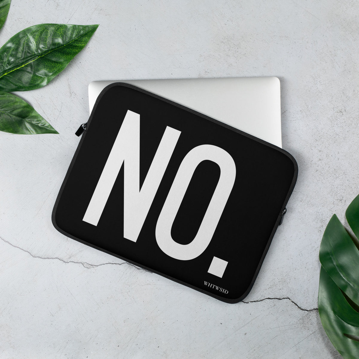 Front facing 13 inch graphic laptop sleeve in color black, featuring the statement 'NO.' in bold white print. From What Was Said (Statement Apparel + More). 